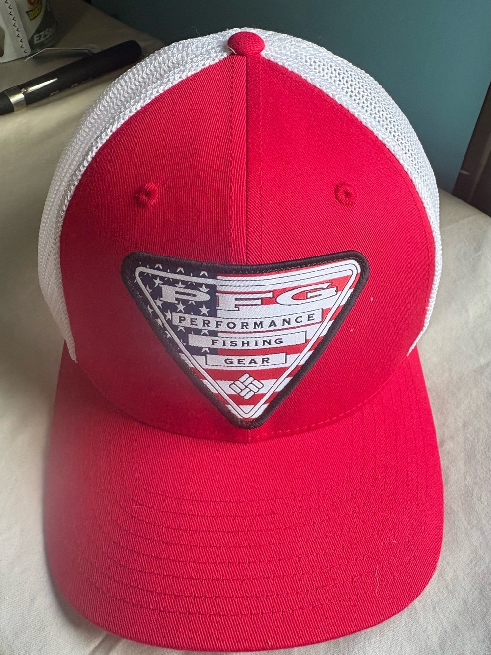 Columbia Red and White PFG Performance Fishing Gear Trucker Hat